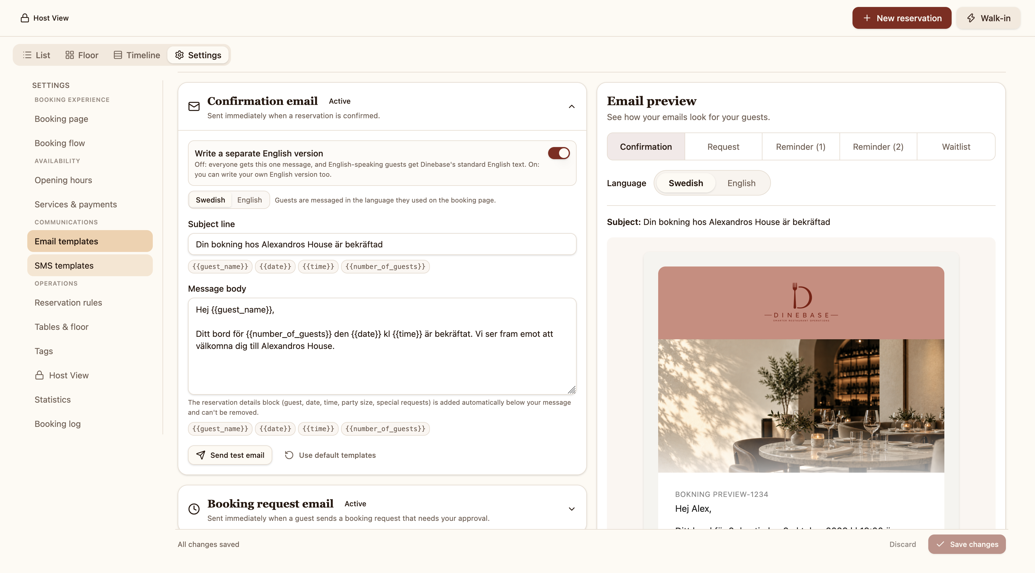 Dinebase confirmation email editor and guest email preview