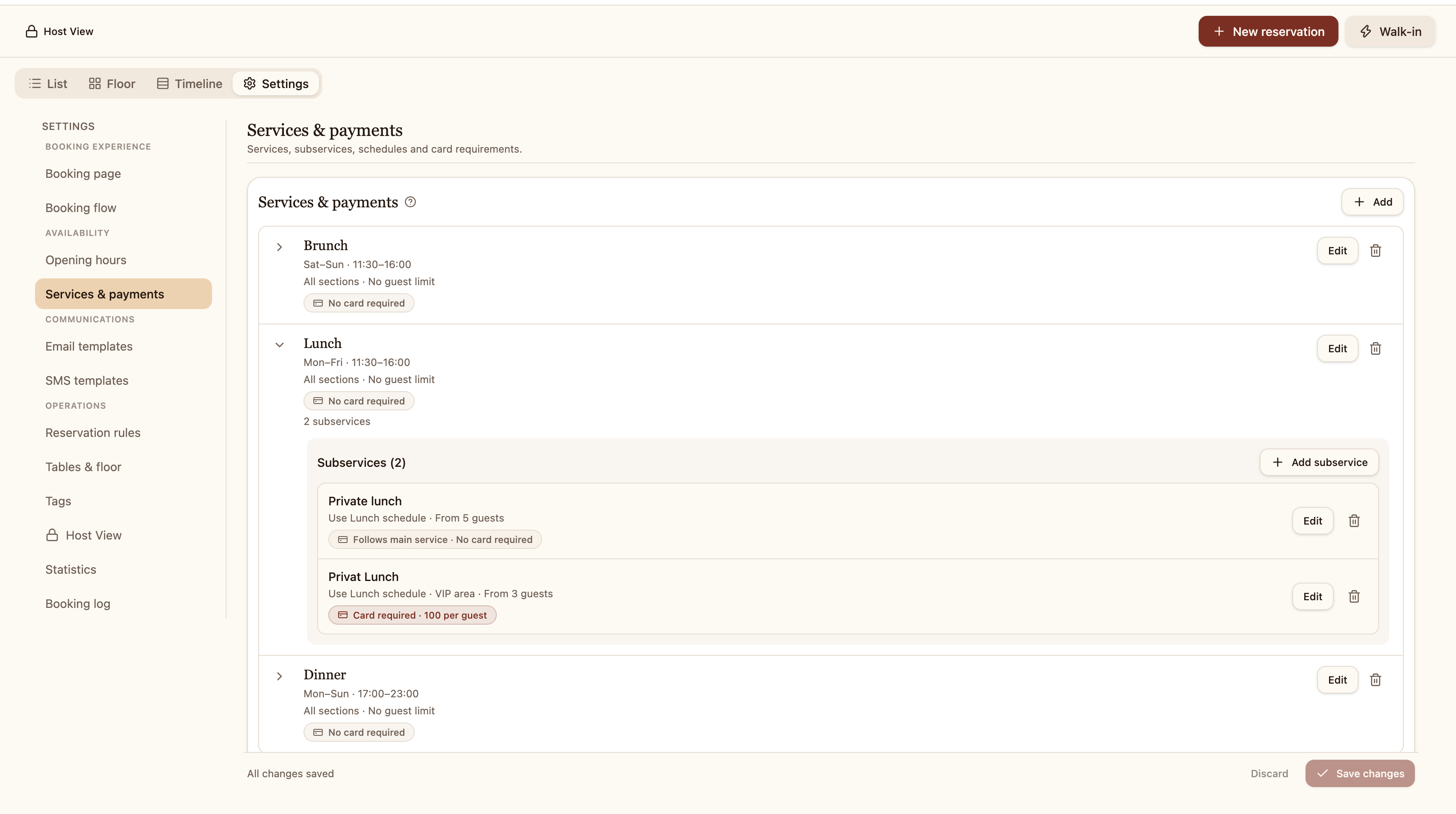 Dinebase settings for lunch, dinner and subservices